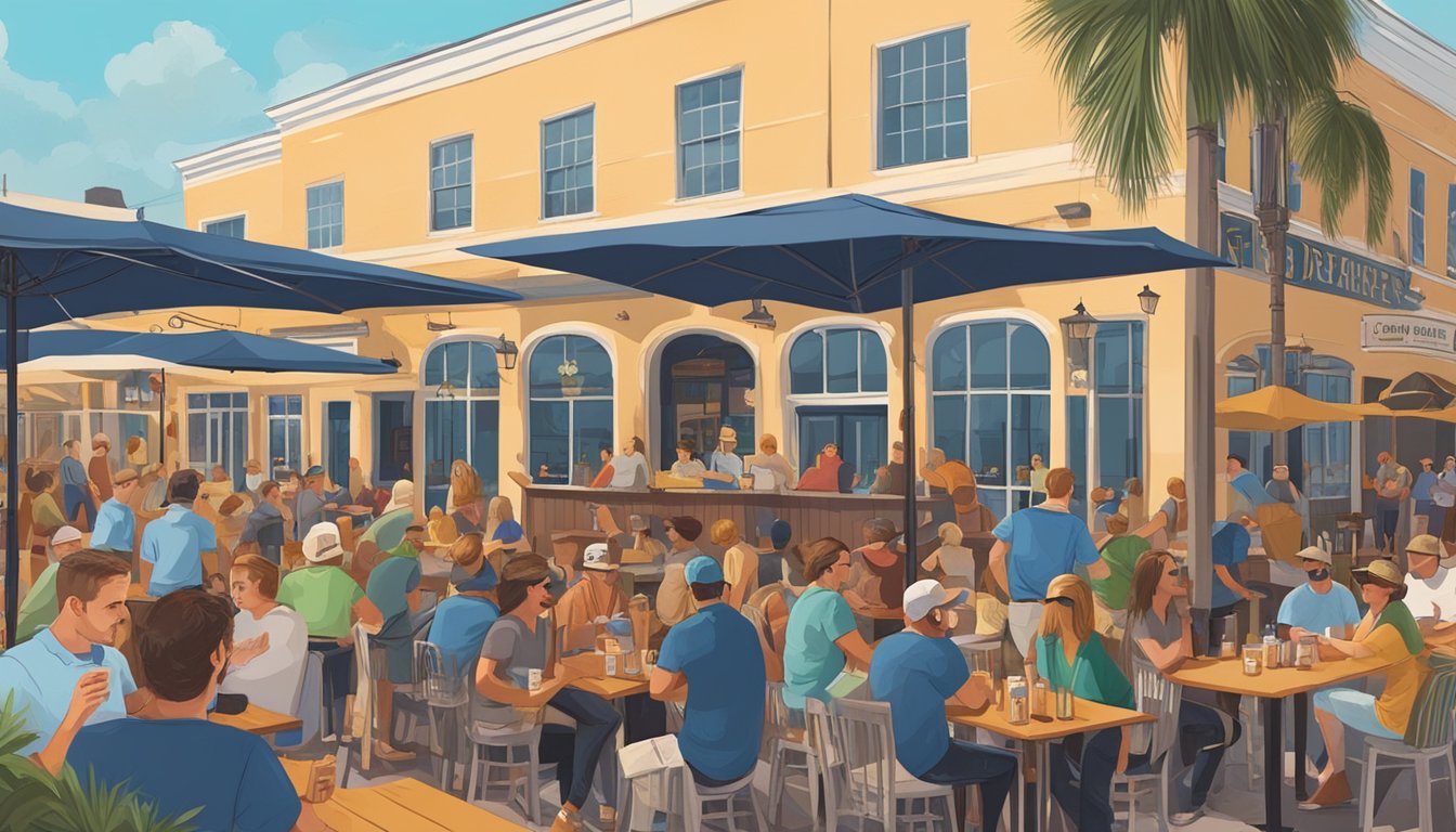 A bustling local brewery with outdoor seating, live music, and a diverse crowd enjoying craft beers in St. Petersburg, FL