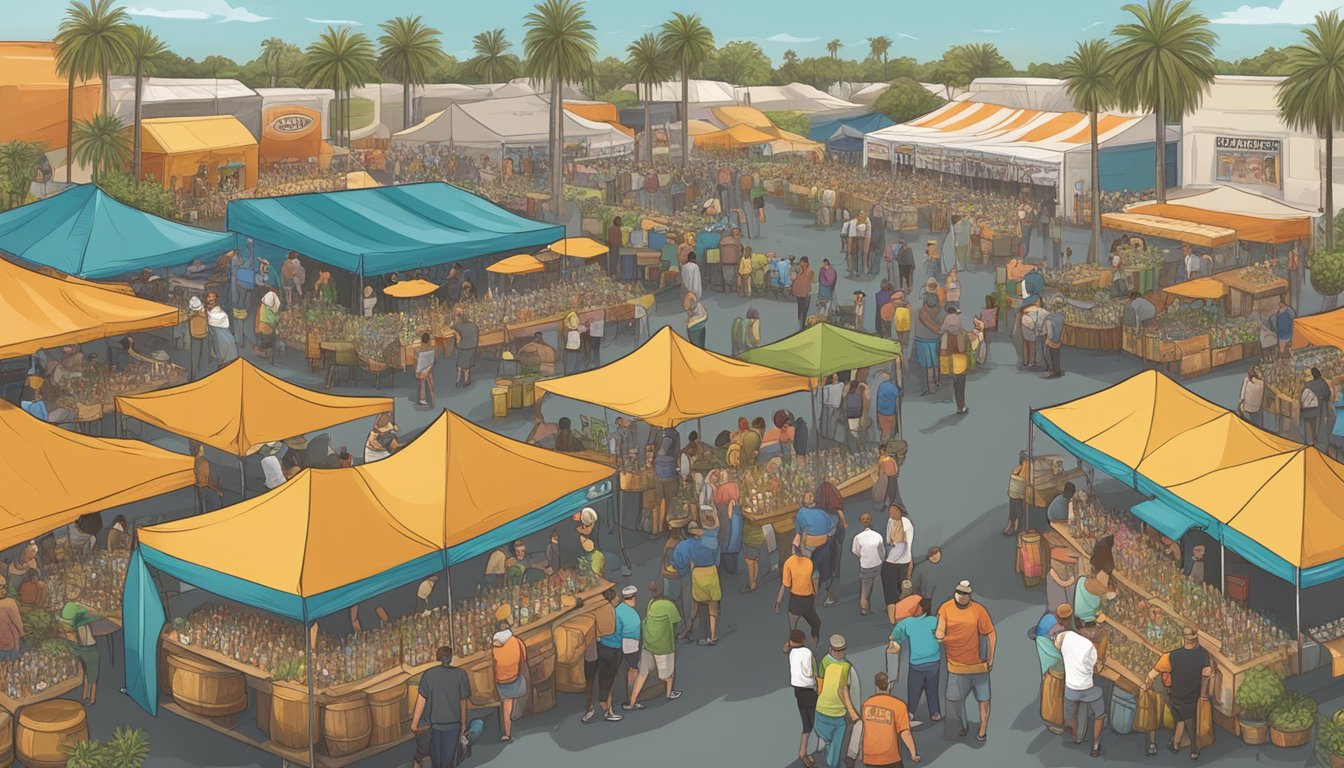 A bustling craft beer festival in Miramar, FL, with local breweries showcasing their unique flavors and attracting a diverse crowd