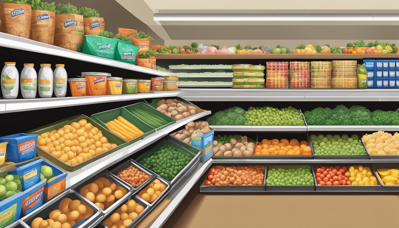 Groceries arranged neatly on shelves and in baskets at Cardenas Markets, with pricing and value packs prominently displayed