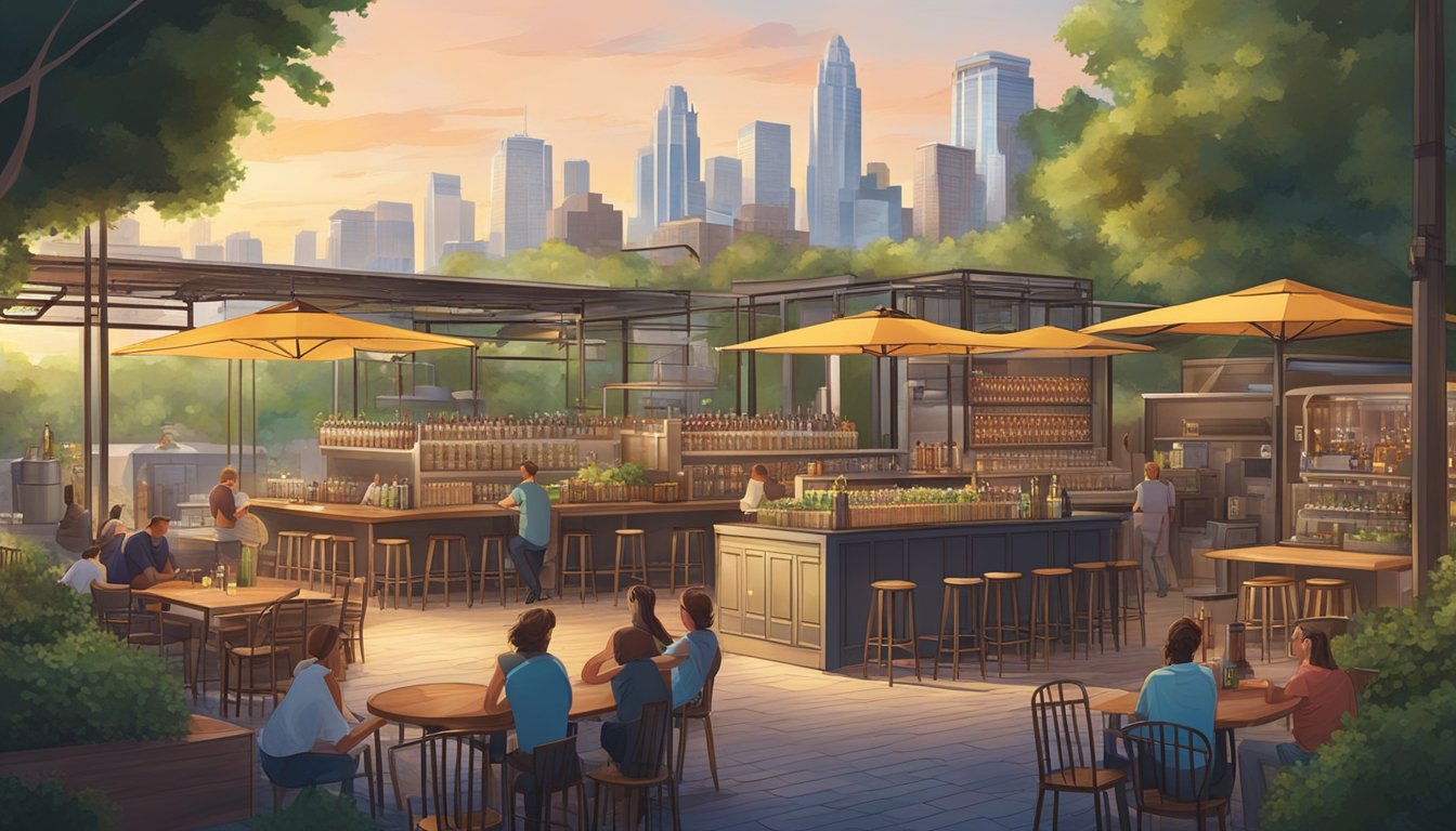 A bustling craft brewery with outdoor seating, surrounded by lush greenery and a backdrop of the city skyline