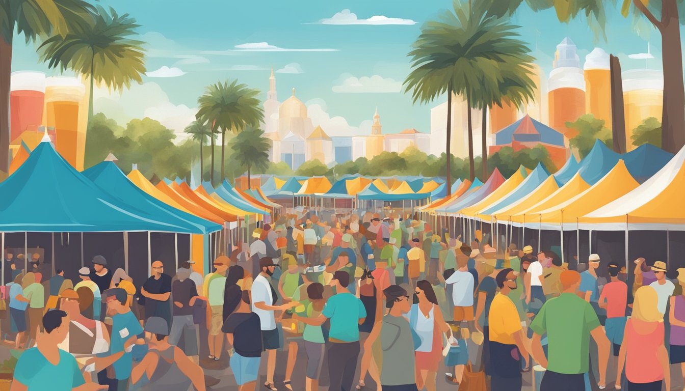 A bustling outdoor beer festival with colorful tents, live music, and people enjoying local craft brews in St. Petersburg, FL