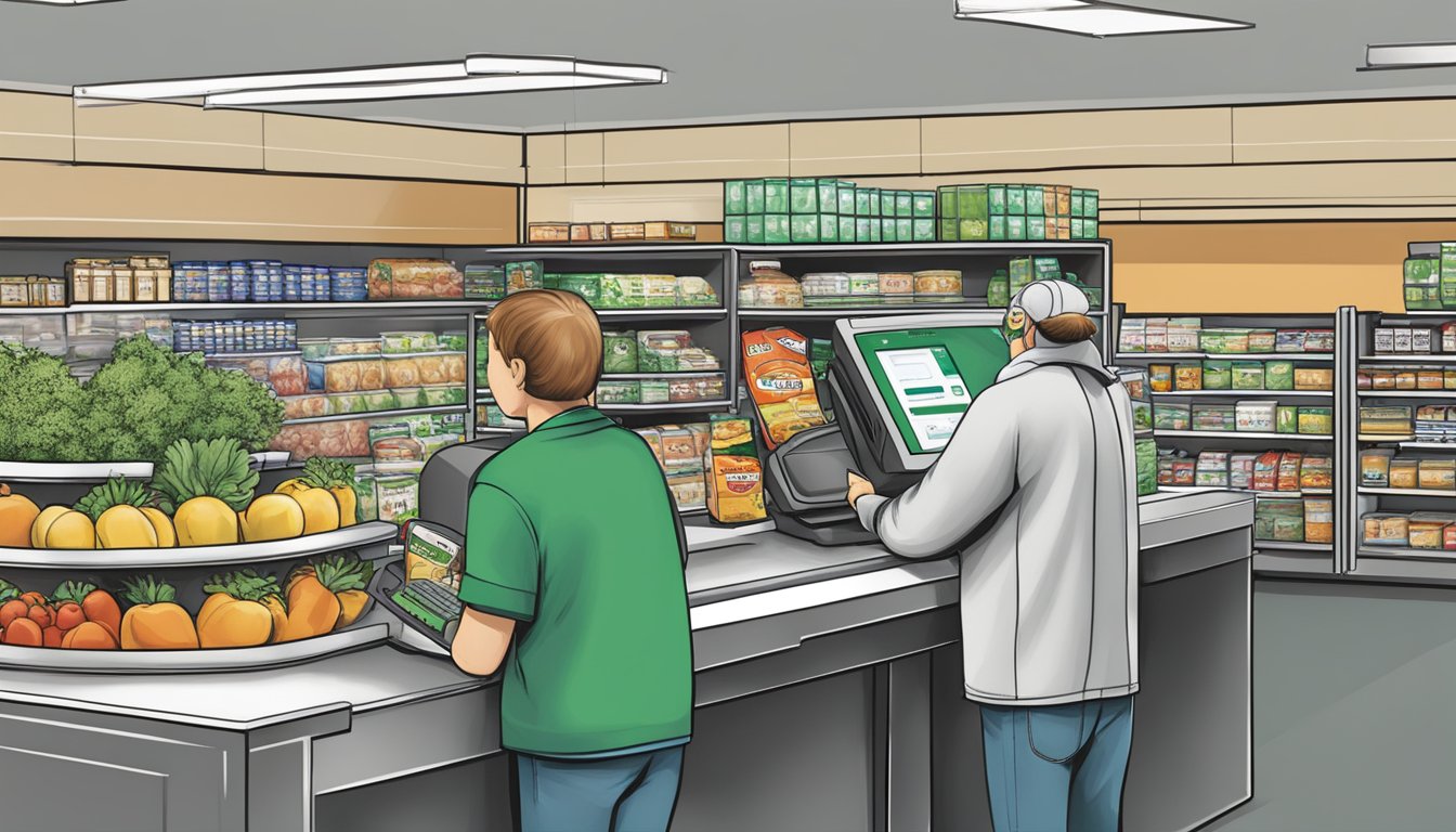 A person scanning groceries at a Harris Teeter checkout counter