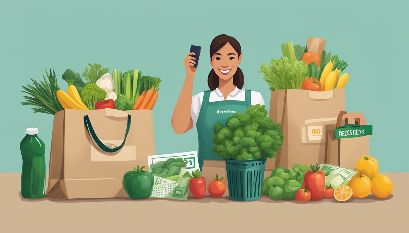 A grocery bag filled with fresh produce and other items from Harris Teeter, alongside a receipt and a smiling cashier