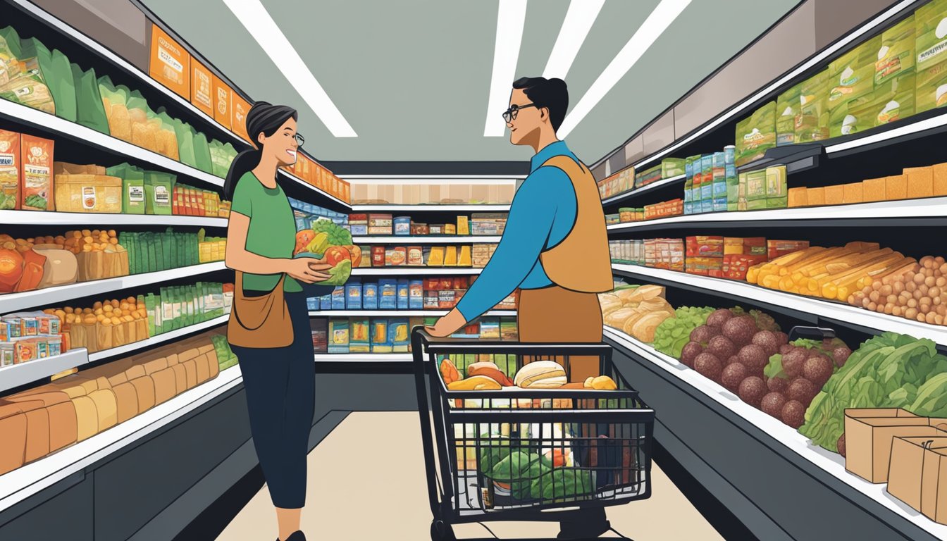 A customer service representative assists a shopper with groceries at Harris Teeter, surrounded by shelves of food and a checkout counter