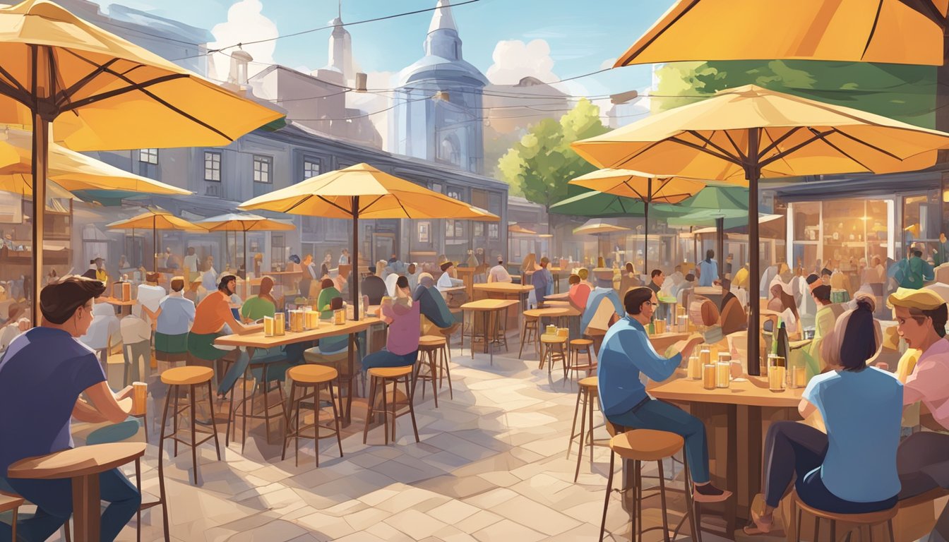 A bustling outdoor beer garden with colorful umbrellas, surrounded by a variety of craft brewery buildings and a lively atmosphere