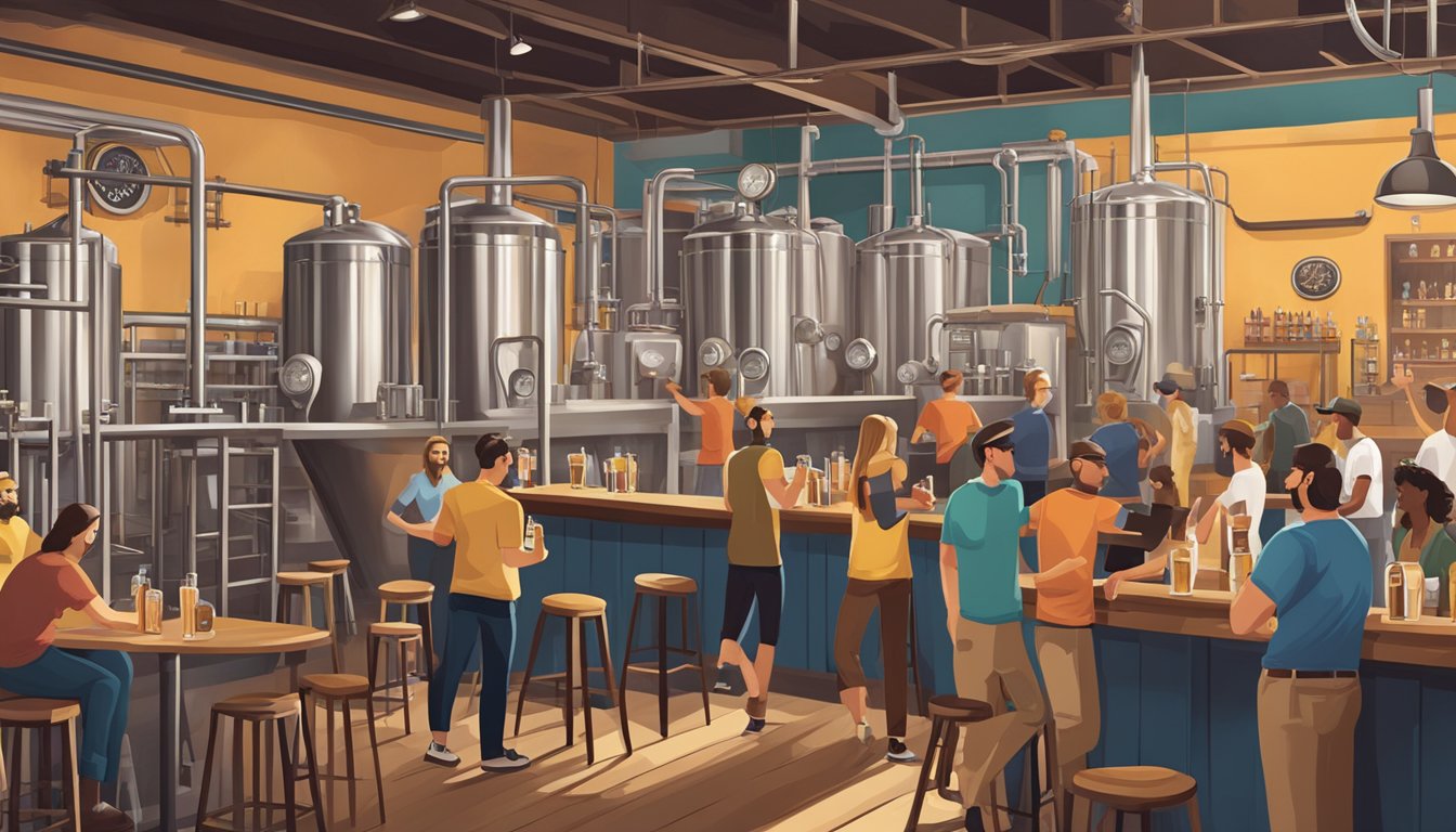 A bustling craft brewery scene in West Palm Beach, with a variety of unique beers being brewed and enjoyed in lively taprooms