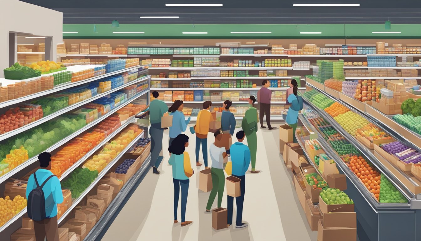 A bustling grocery store with customers browsing aisles and employees restocking shelves