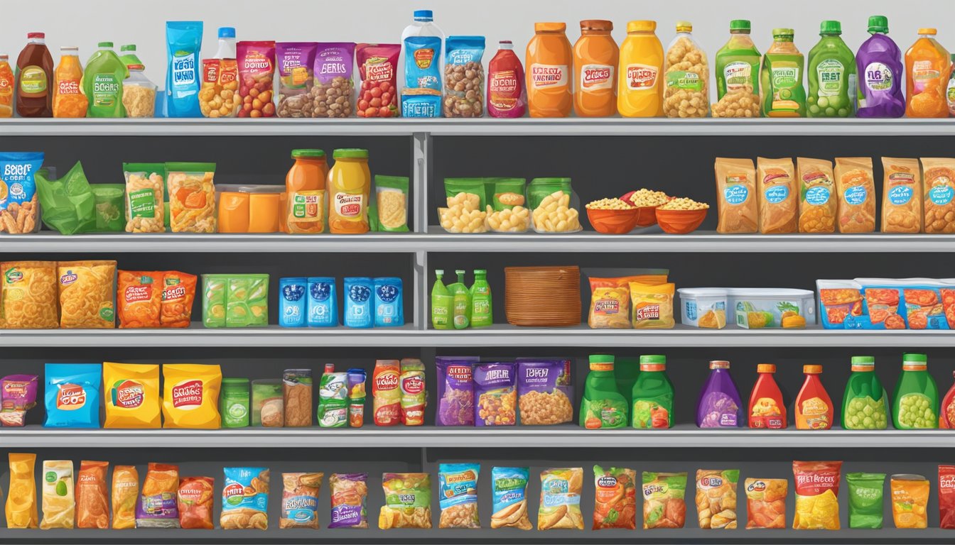 A colorful display of groceries at Five Below, including snacks, drinks, and other packaged goods arranged neatly on shelves and in bins