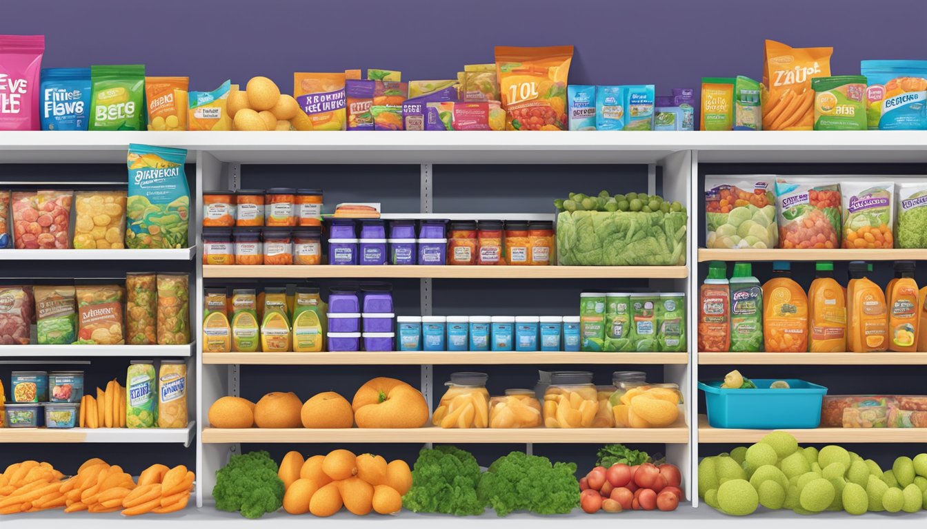 A colorful display of affordable groceries at Five Below, with neatly organized shelves and vibrant packaging