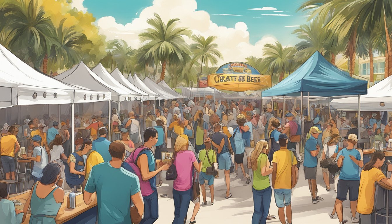 A bustling craft beer festival with colorful booths and lively music in West Palm Beach, FL