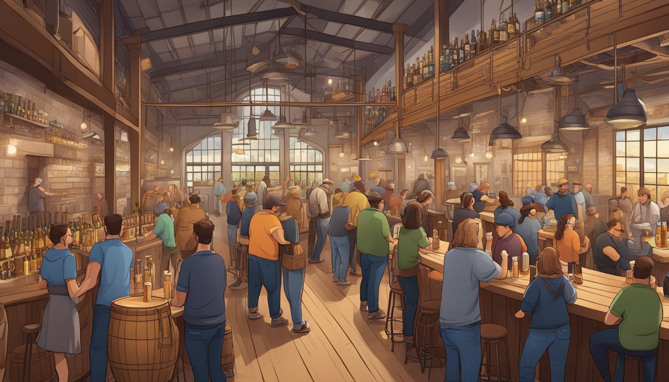 A bustling brewery scene with patrons sampling various craft beers and engaging in guided tours led by knowledgeable staff