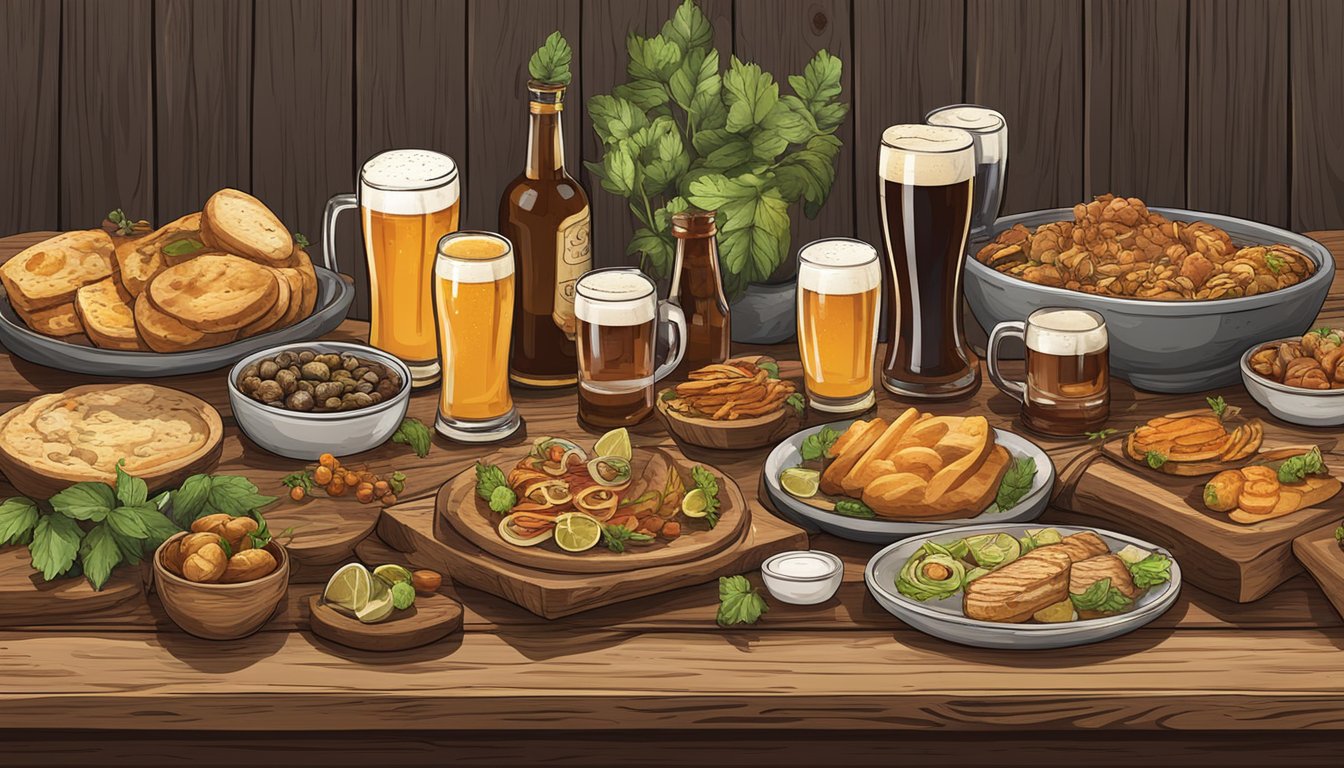 A rustic wooden table adorned with a variety of gourmet dishes and an assortment of locally brewed craft beers