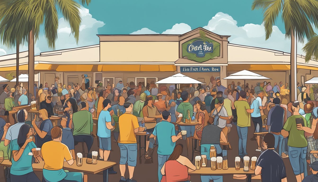 A bustling craft beer tasting event in Pembroke Pines, FL, with people sampling various brews and enjoying live music