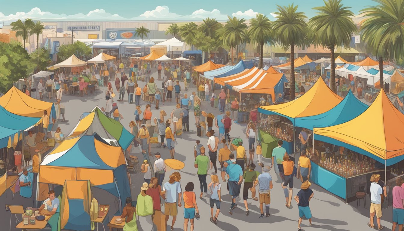 A bustling craft beer festival in West Palm Beach, with colorful tents, live music, and people enjoying unique brews