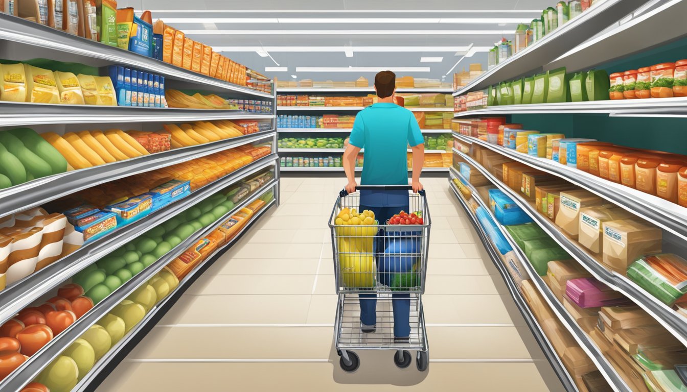 A shopper pushes a cart through the aisles of FoodMaxx, passing shelves stocked with various groceries and products