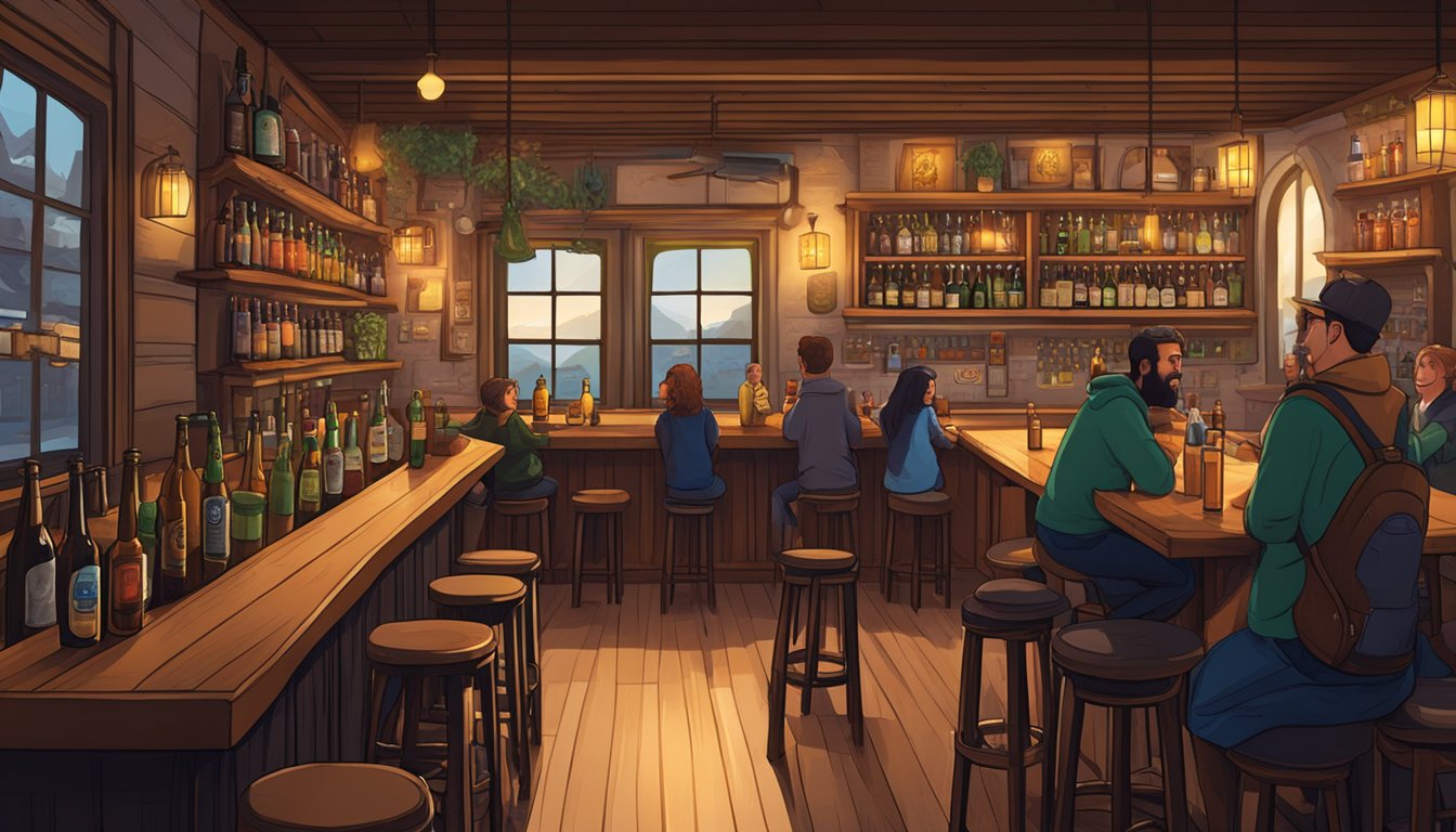 A cozy pub with wooden tables, dim lighting, and shelves lined with craft beer bottles. Patrons chat and laugh while enjoying their drinks