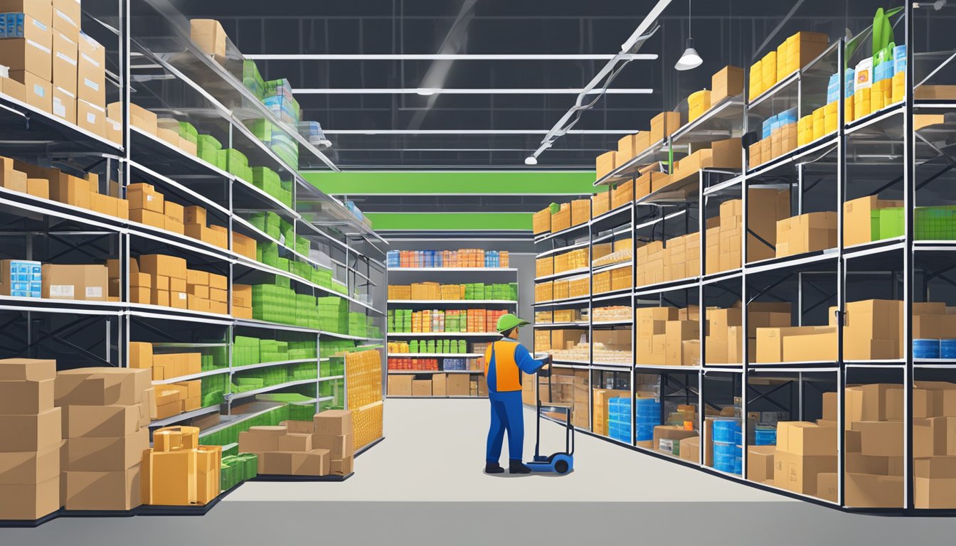 A warehouse with shelves of groceries, workers fulfilling orders, and a loading dock for shipments at Five Below