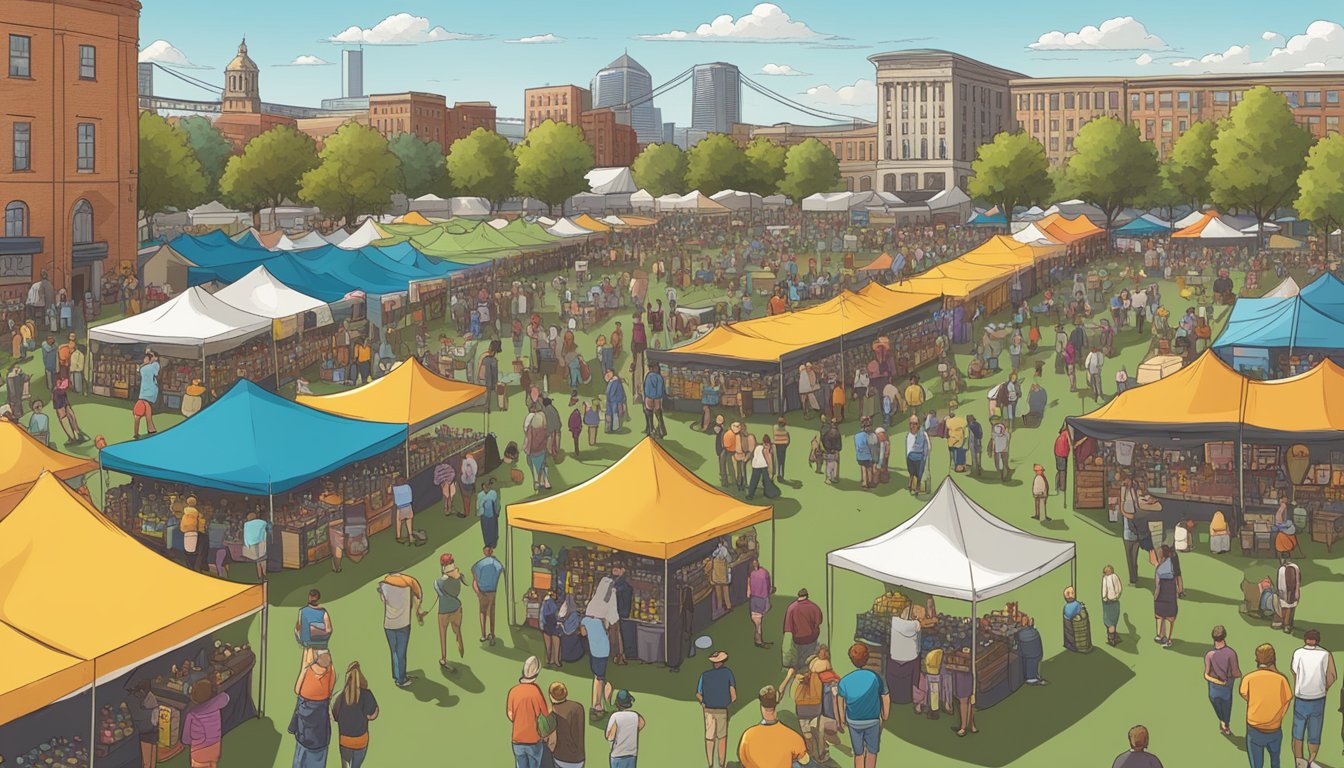 A bustling craft beer festival in Des Moines, Iowa, with rows of colorful tents, live music, and crowds of people sampling different brews