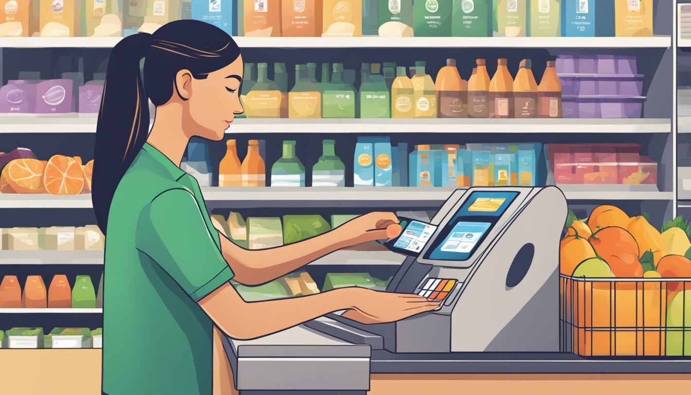 A person scanning a loyalty card at a grocery checkout counter