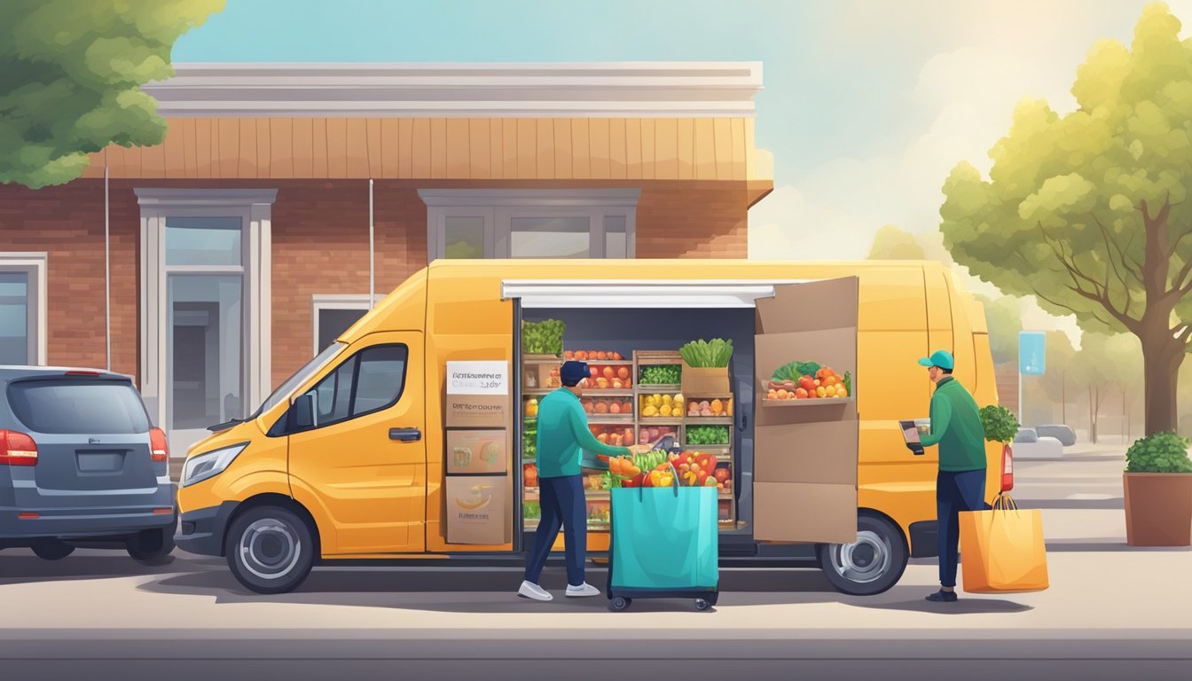 A delivery driver unloads groceries from a van outside a FoodMaxx store, while customers place online orders using their smartphones