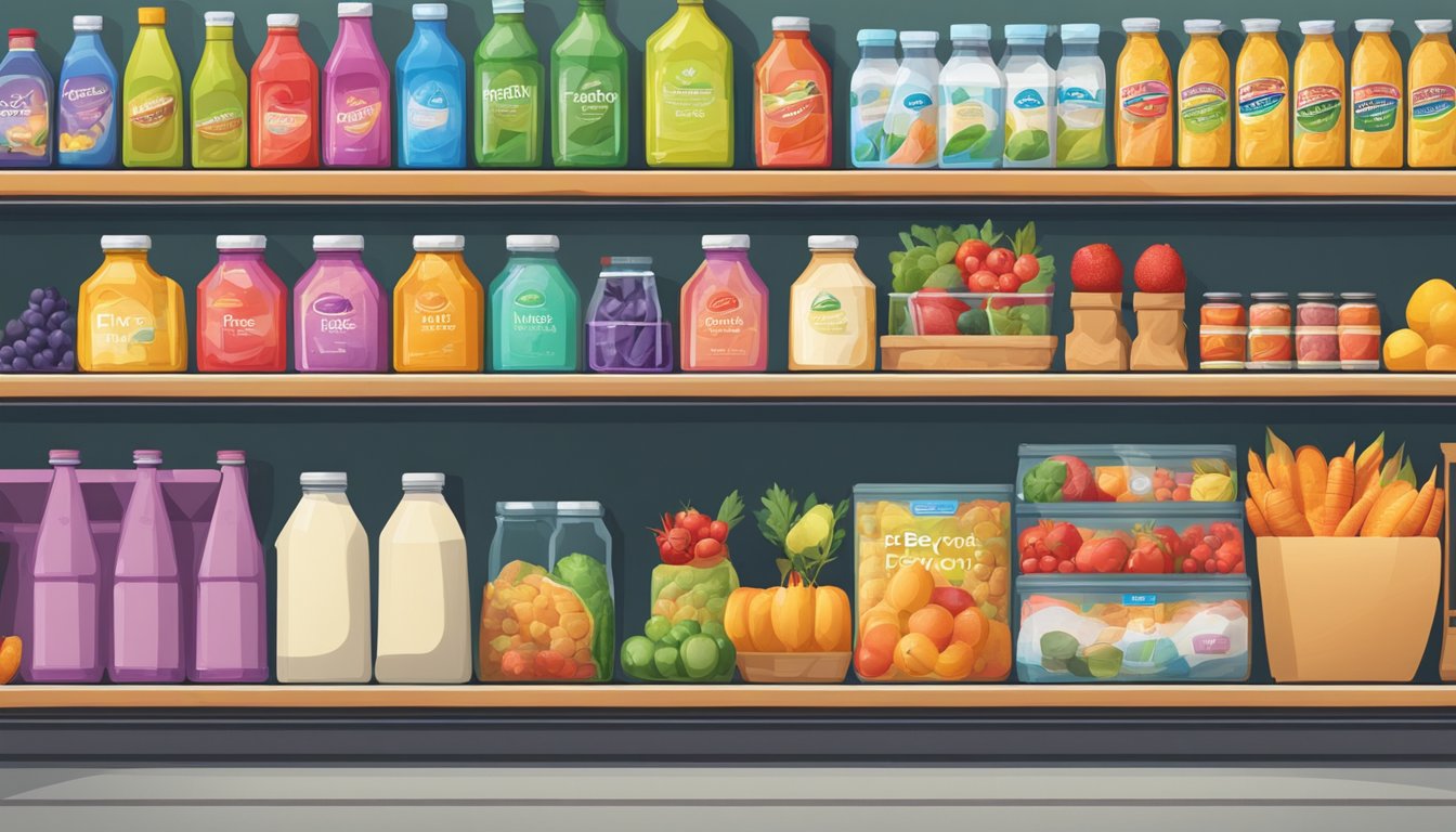 Five colorful grocery items arranged in a row on a shelf at a store with the "Five Beyond" logo visible above