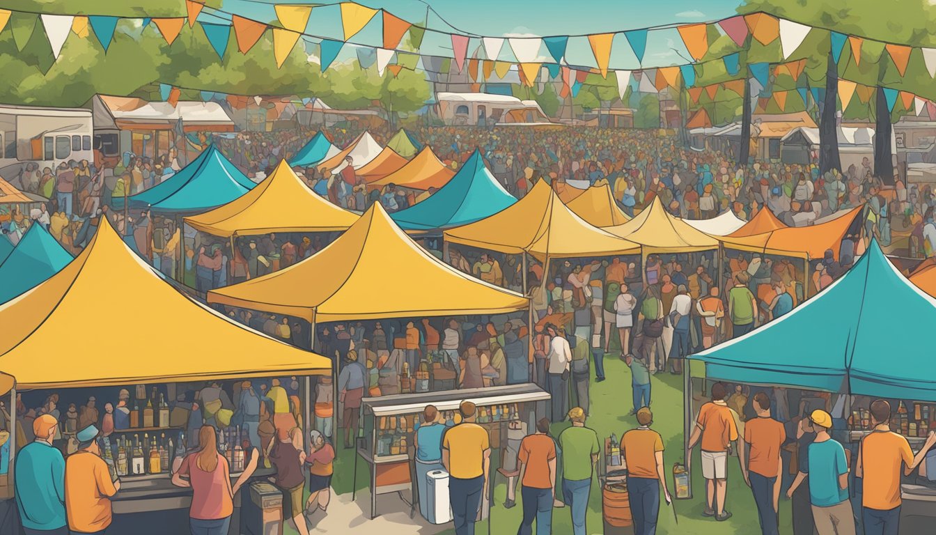 A bustling craft beer festival in Des Moines, IA, with rows of colorful tents and lively crowds sampling various brews