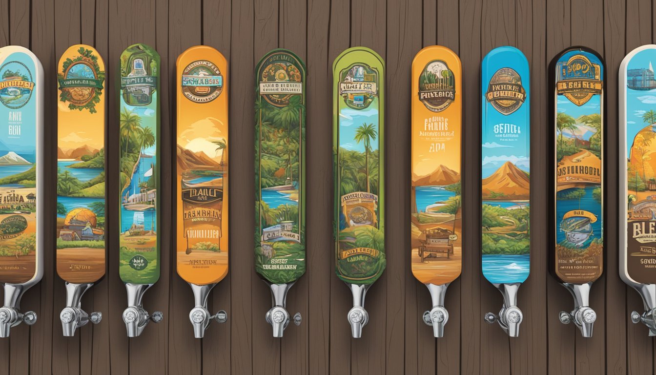 A vibrant outdoor scene with a variety of local craft beer labels displayed on tap handles at a West Palm Beach, FL brewery