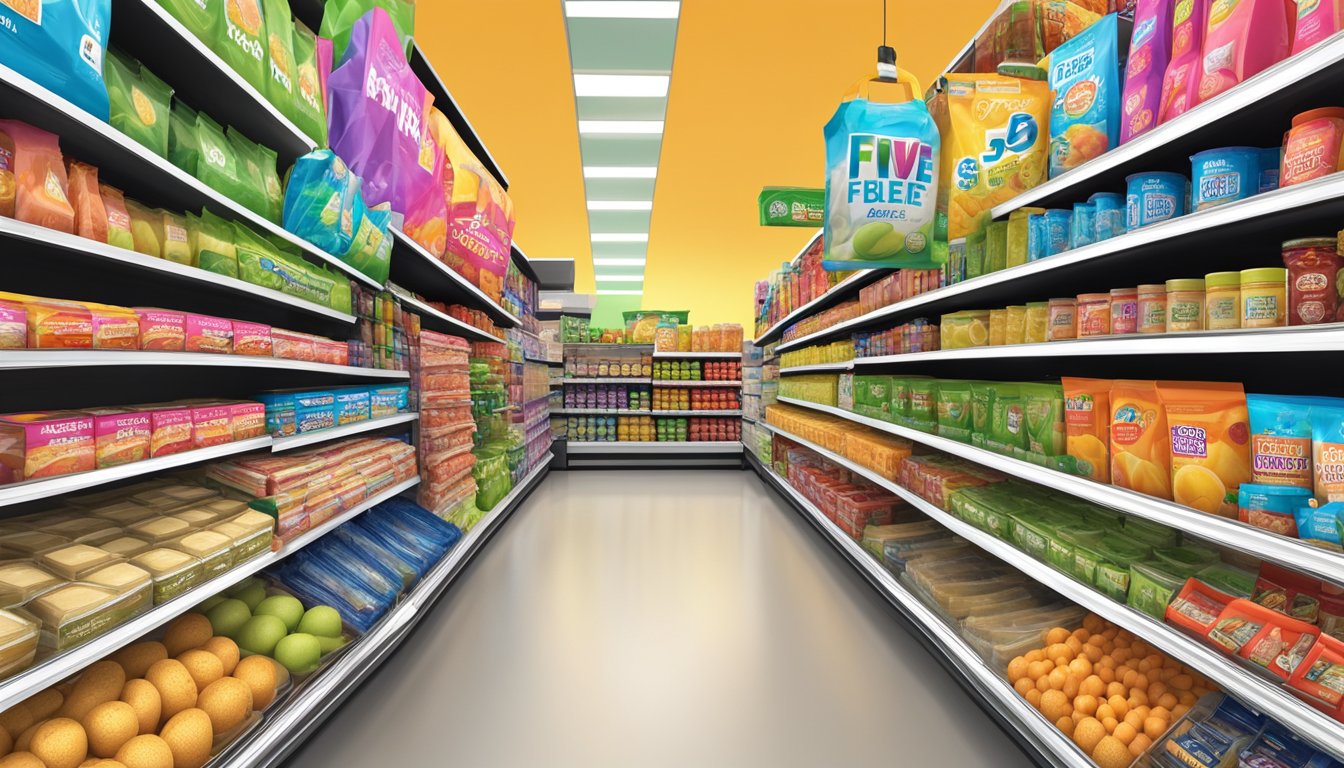 A colorful display of affordable groceries at Five Below, with vibrant packaging and enticing products arranged neatly on shelves