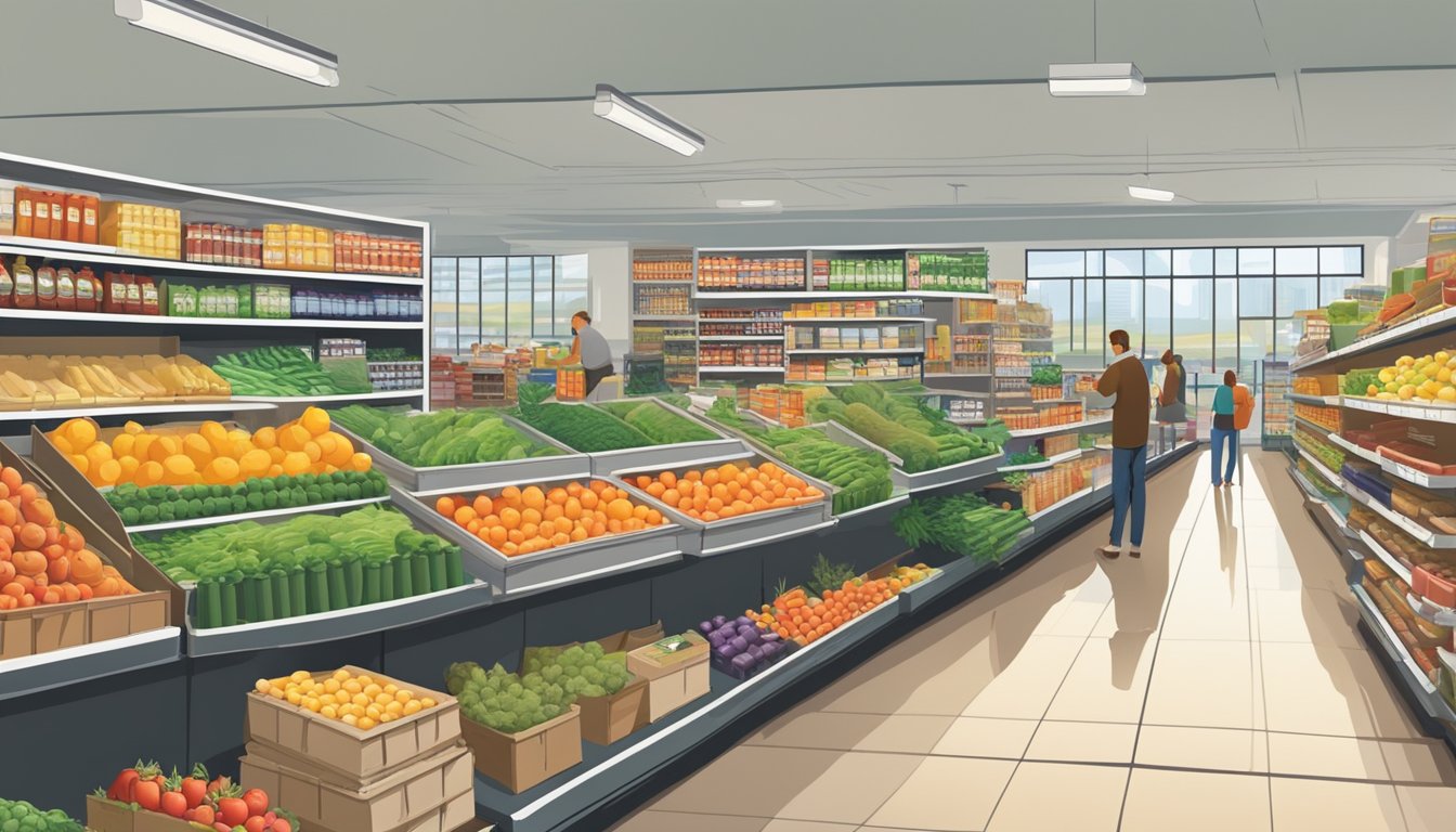 A bustling grocery store with aisles stocked with fresh produce, canned goods, and other essential items. Customers pushing carts and browsing shelves