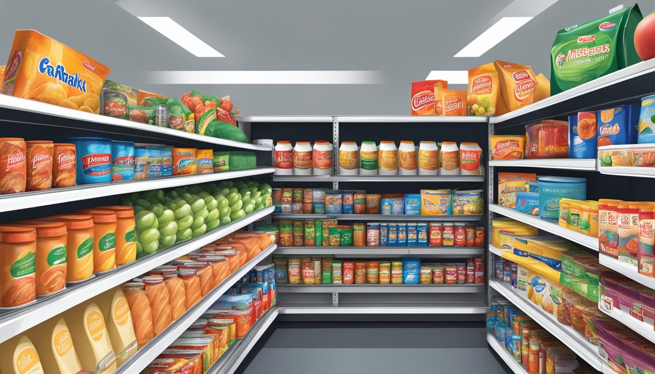 A colorful display of groceries on shelves, including canned goods, snacks, and household items, with Family Dollar branding visible throughout the store