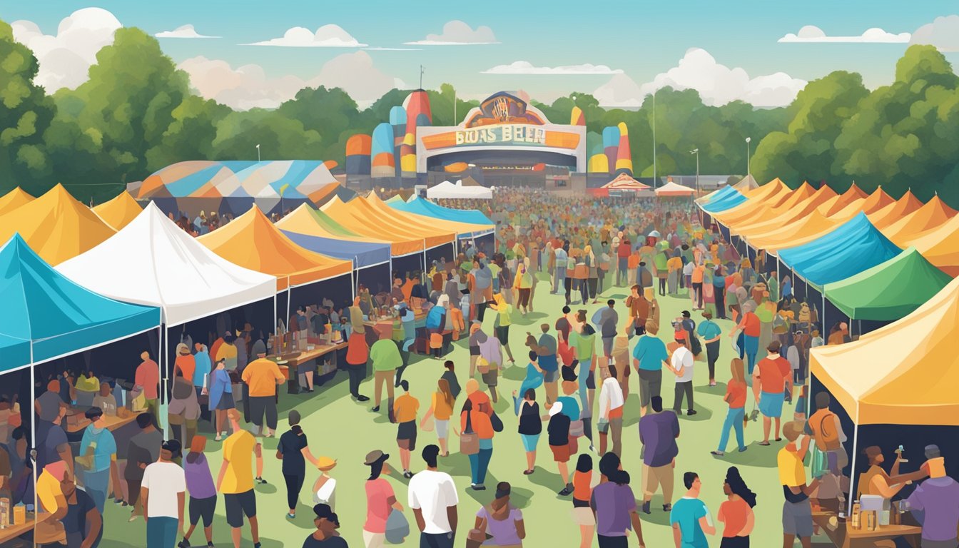 A bustling craft beer festival in Augusta, Georgia, with rows of colorful tents and a diverse crowd sampling local brews