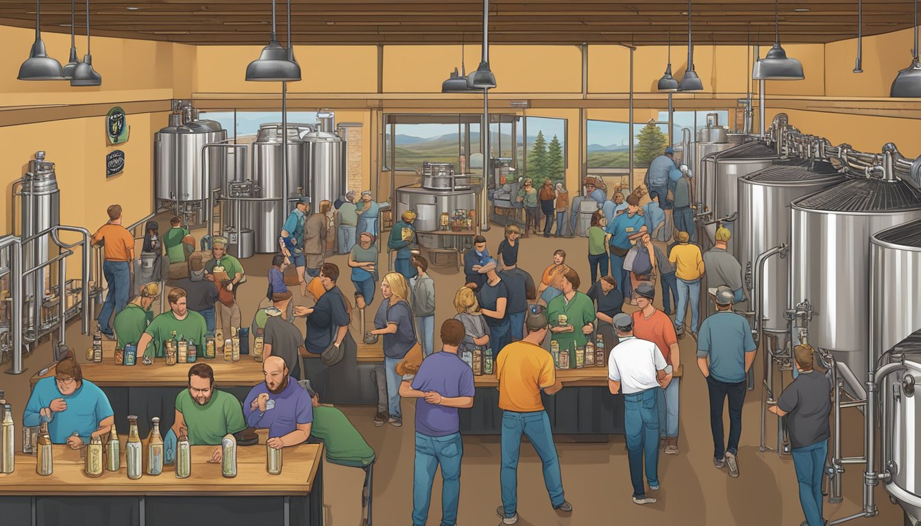 A bustling craft brewery scene in Nampa, Idaho, with unique beer labels and patrons enjoying tastings