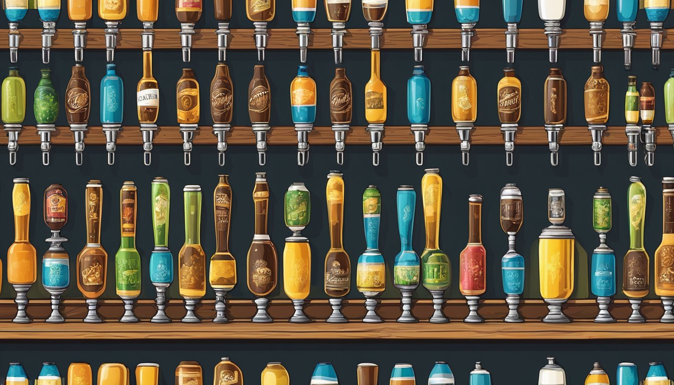 A row of colorful beer taps line the bar, each with unique labels and designs. The room is filled with the aroma of hops and malt, creating a cozy atmosphere for beer enthusiasts