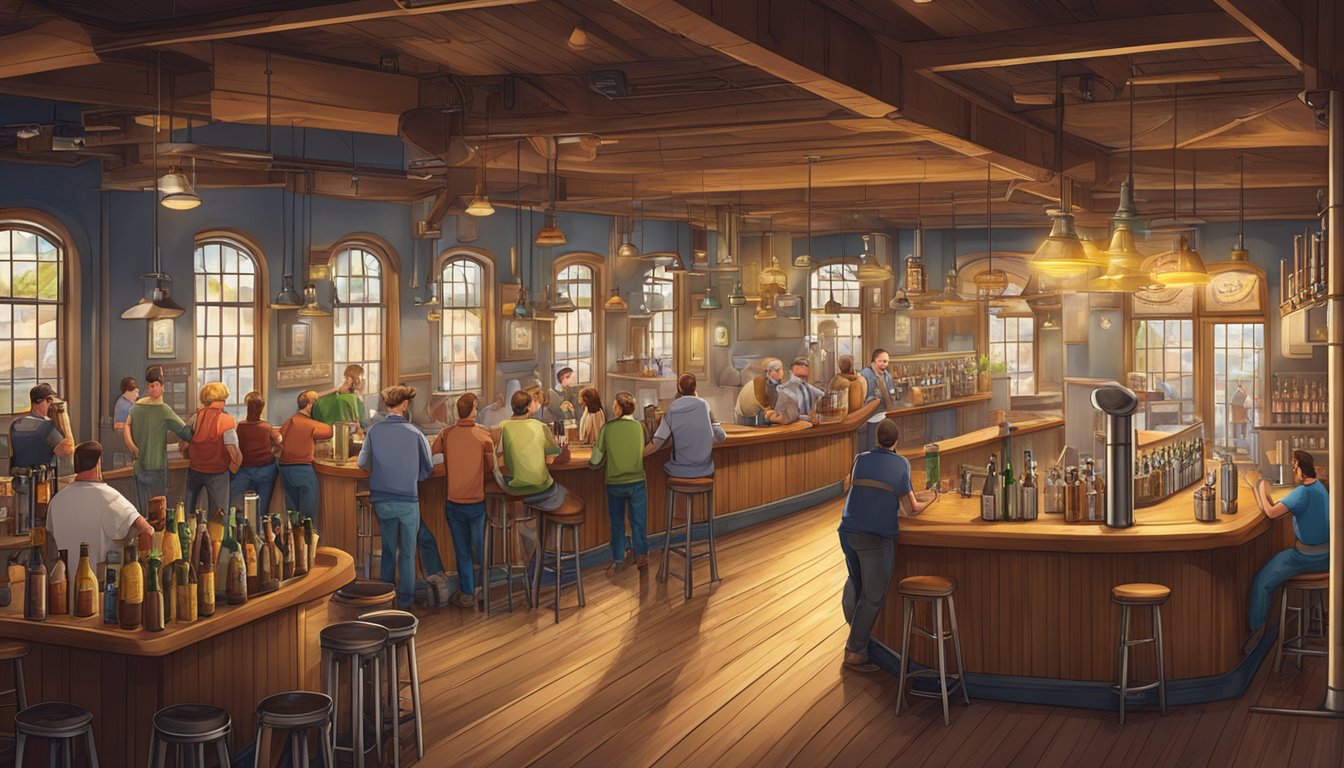 A bustling brewery with a variety of beer taps, patrons enjoying drinks, and a lively atmosphere