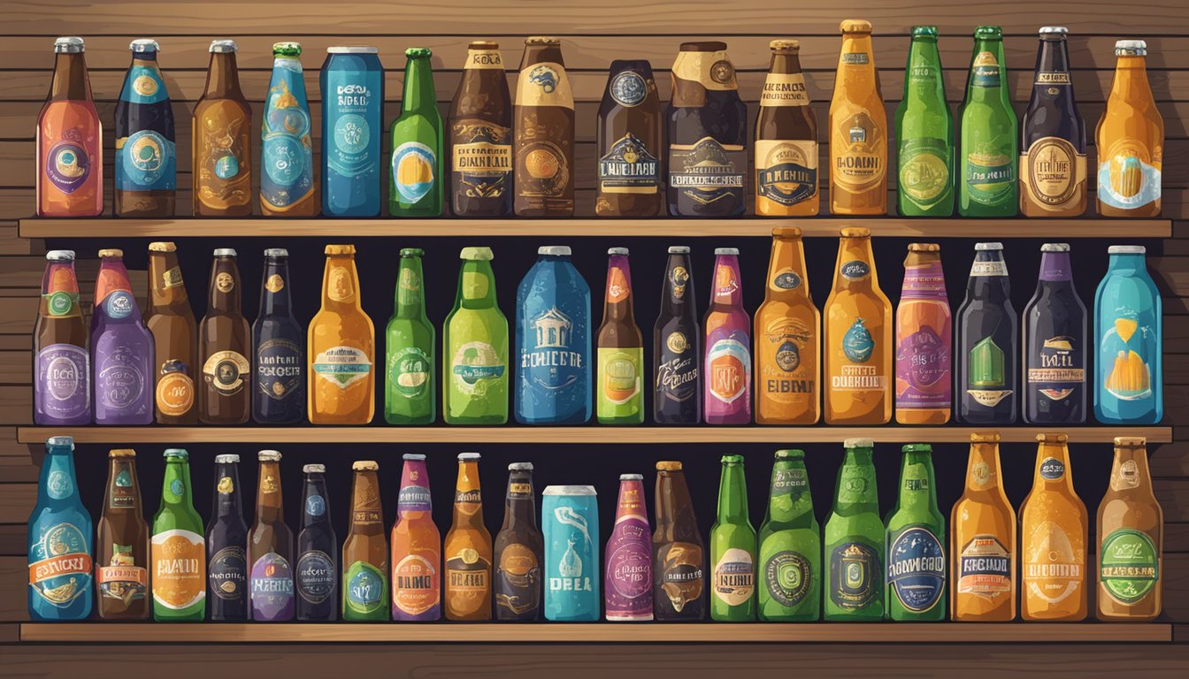 A row of colorful craft beer bottles and cans displayed on a wooden shelf, with various logos and labels visible