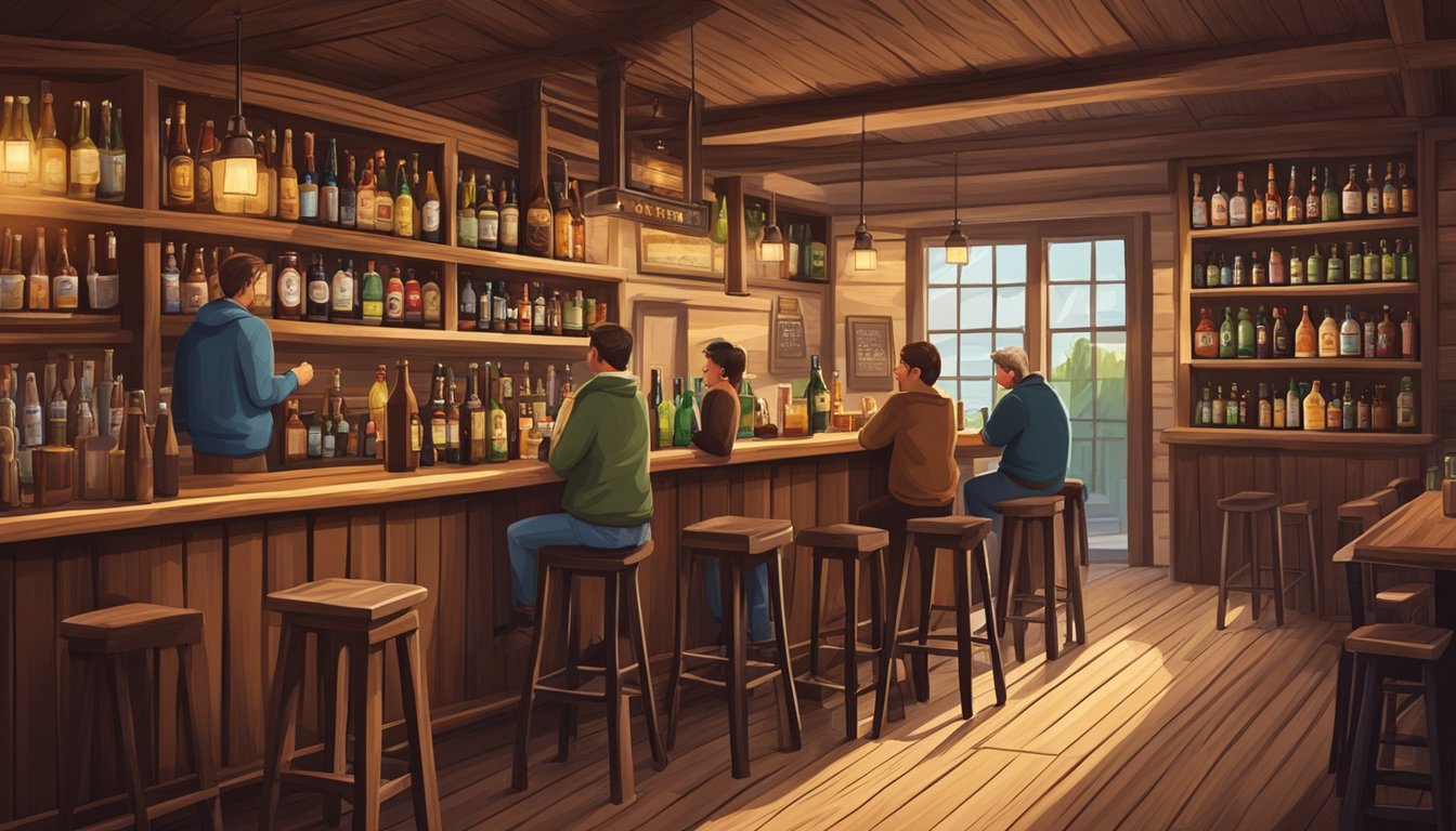 A cozy local pub with a rustic wooden bar, shelves lined with craft beer bottles, and patrons enjoying drinks and conversation