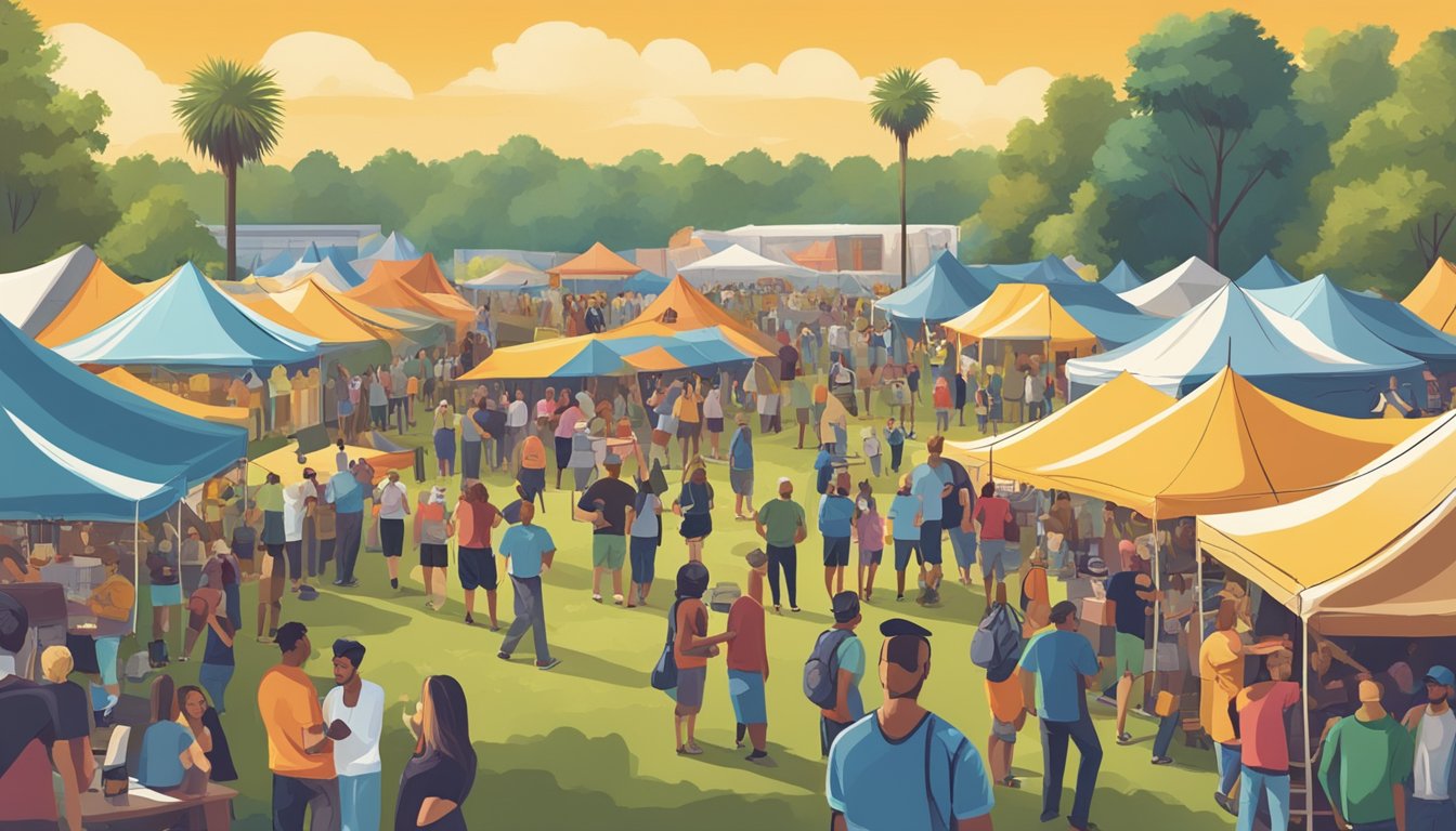 A bustling craft beer festival in Tallahassee, Florida, with colorful tents, lively music, and people enjoying various local brews