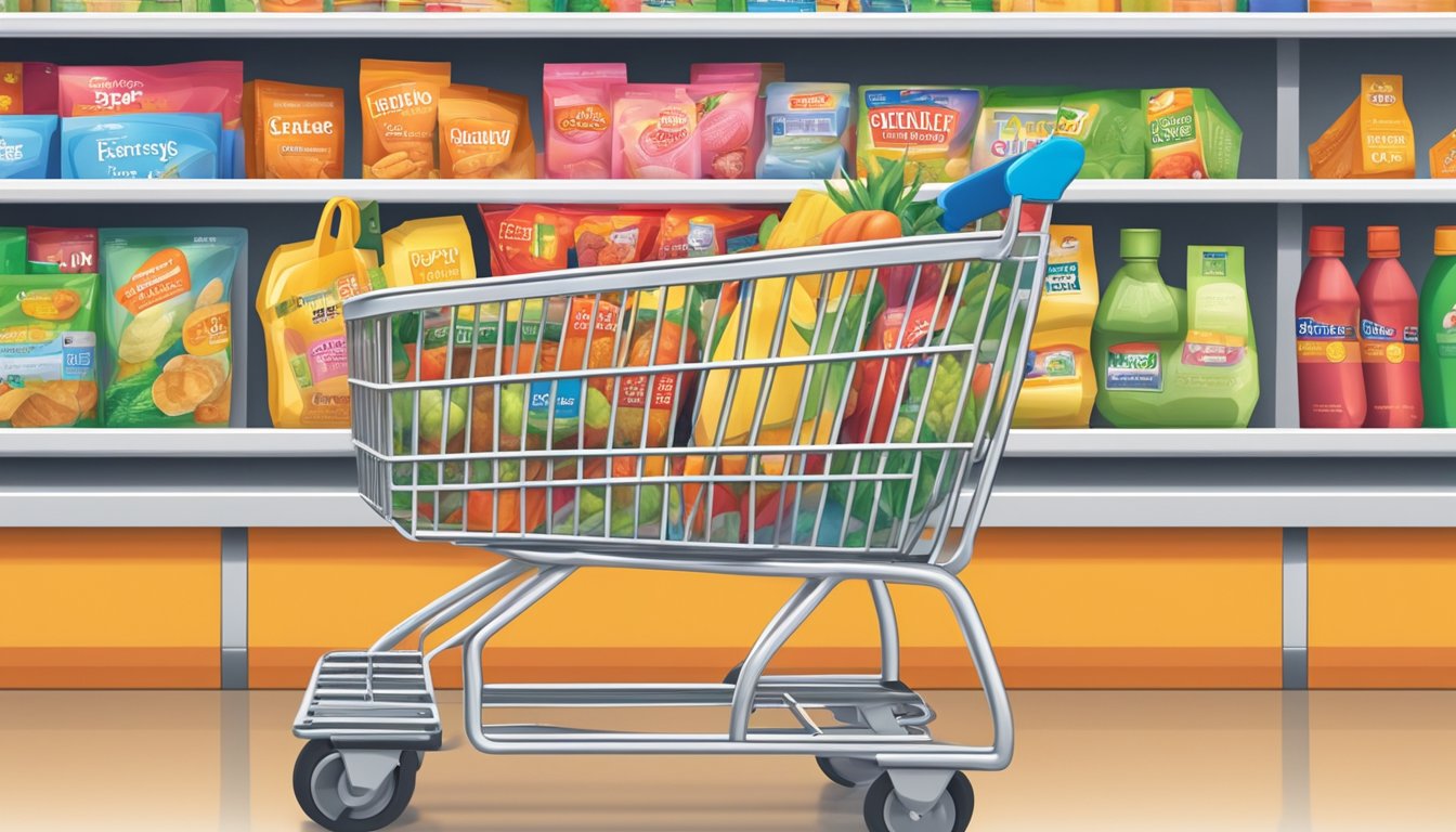 A family shopping cart filled with groceries and loyalty program cards at a Family Dollar store