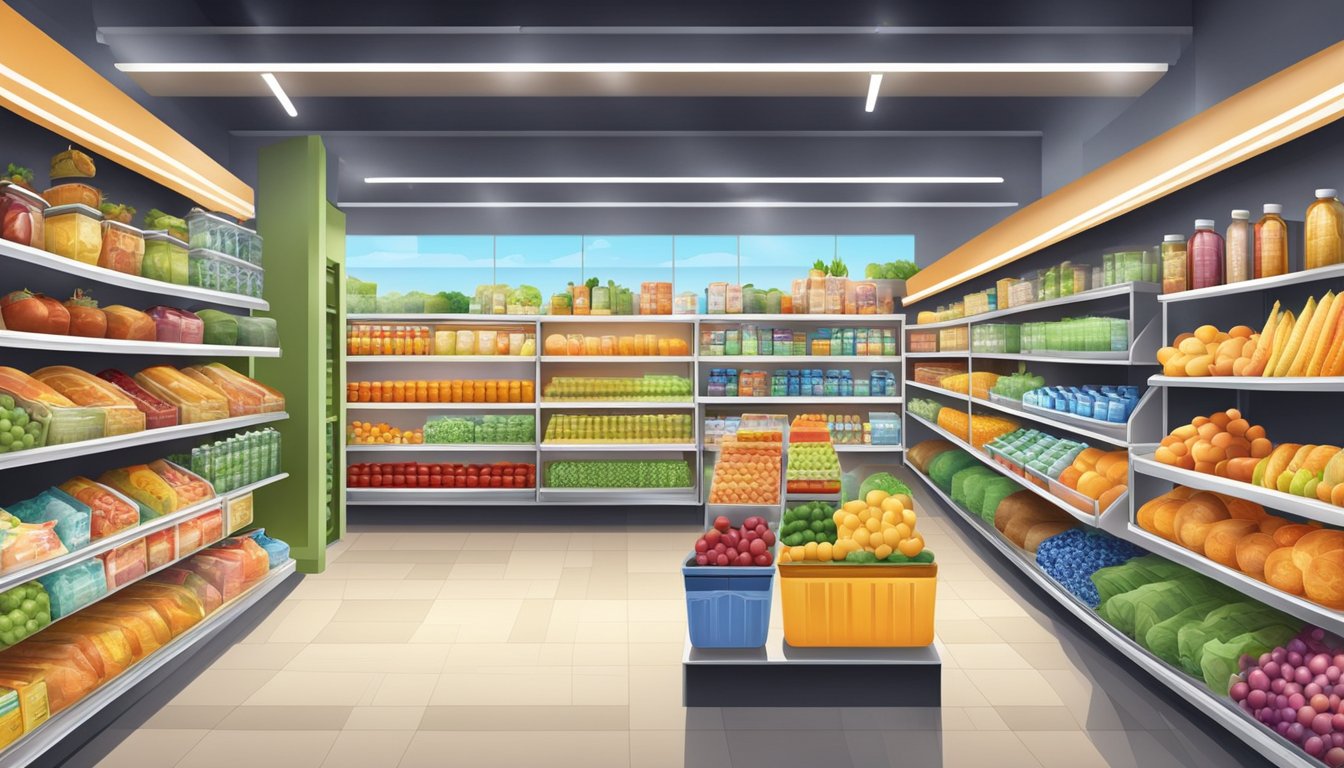 A brightly lit grocery store with neatly organized shelves and colorful product displays