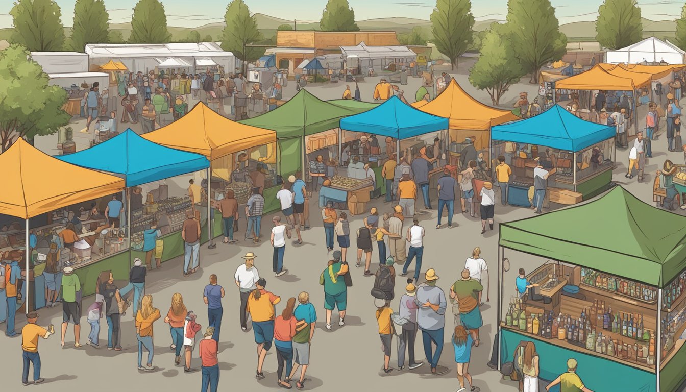 A bustling local craft beer festival in Nampa, Idaho, with vendors, live music, and a lively community enjoying the event