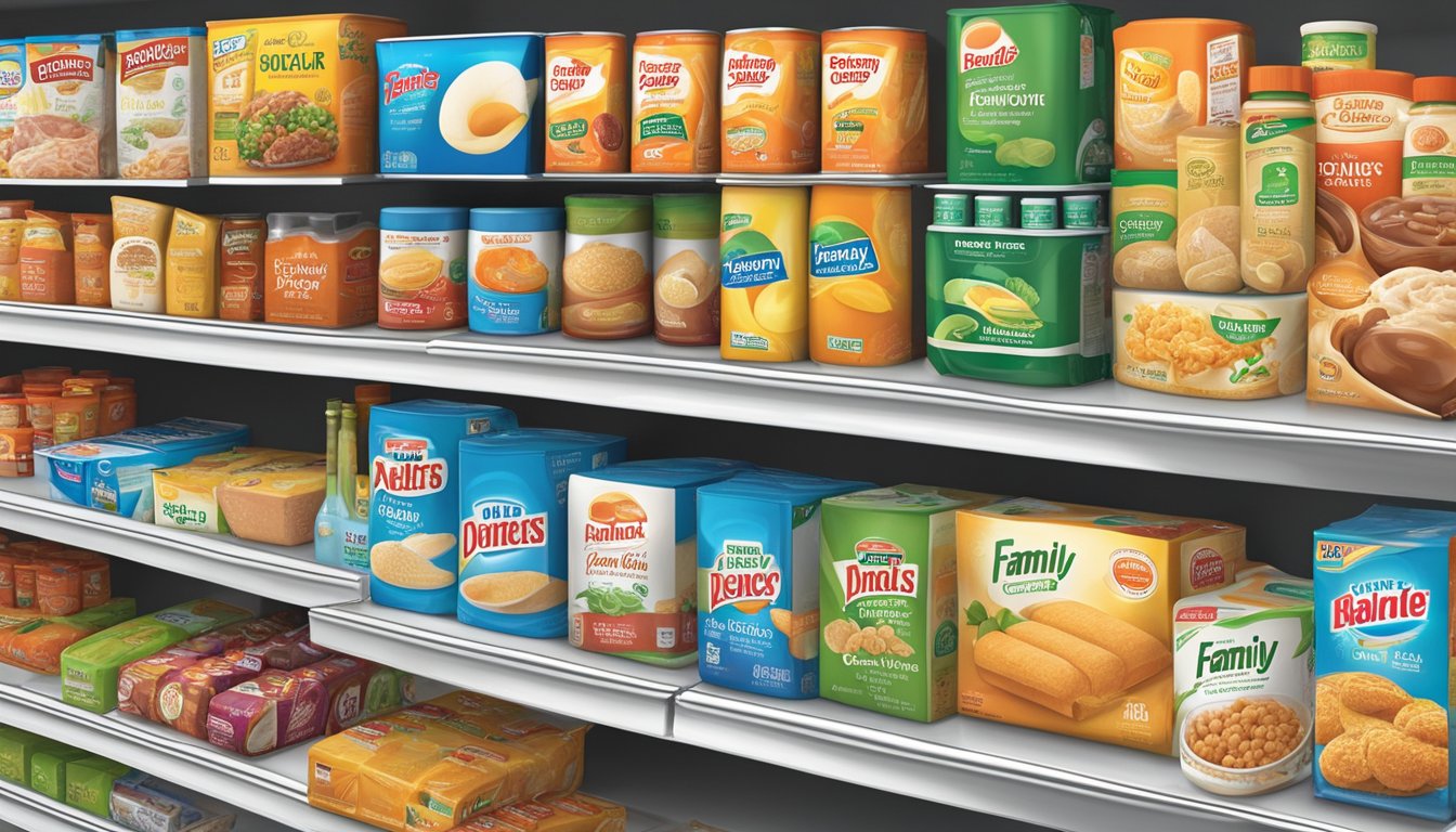 A diverse array of grocery products from various brand partnerships are displayed on shelves at Family Dollar