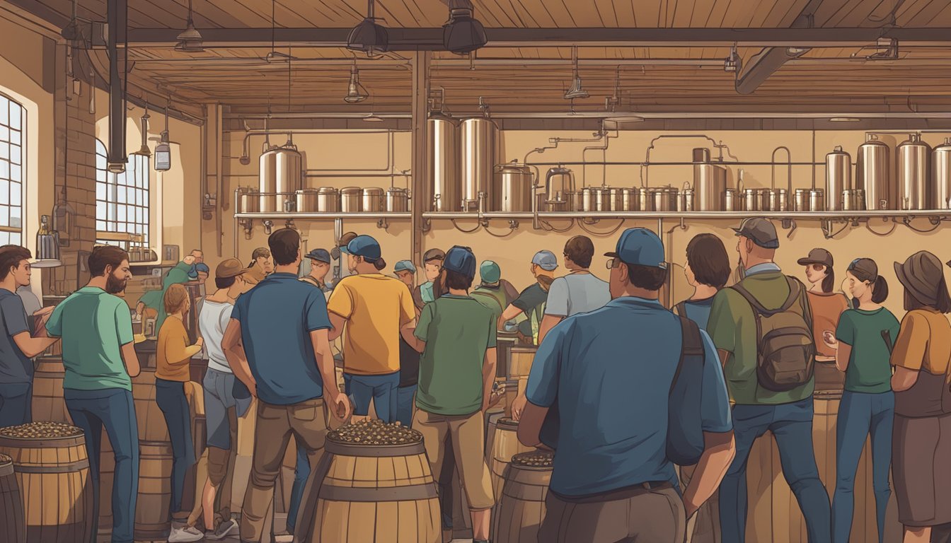 A bustling brewery with patrons sampling various craft beers, while a tour guide explains the brewing process to a group of interested visitors