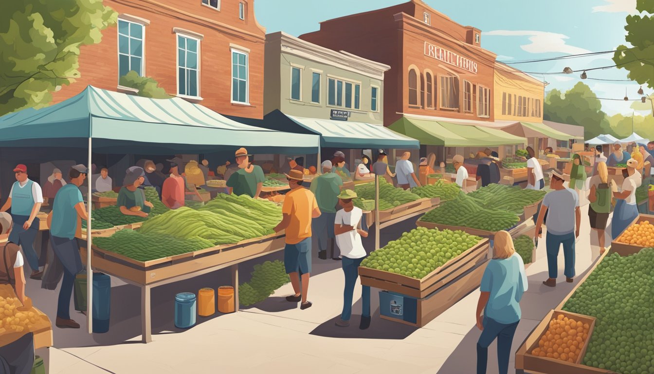 A bustling farmers market with vendors selling fresh hops and a local craft brewery showcasing their unique beer flavors