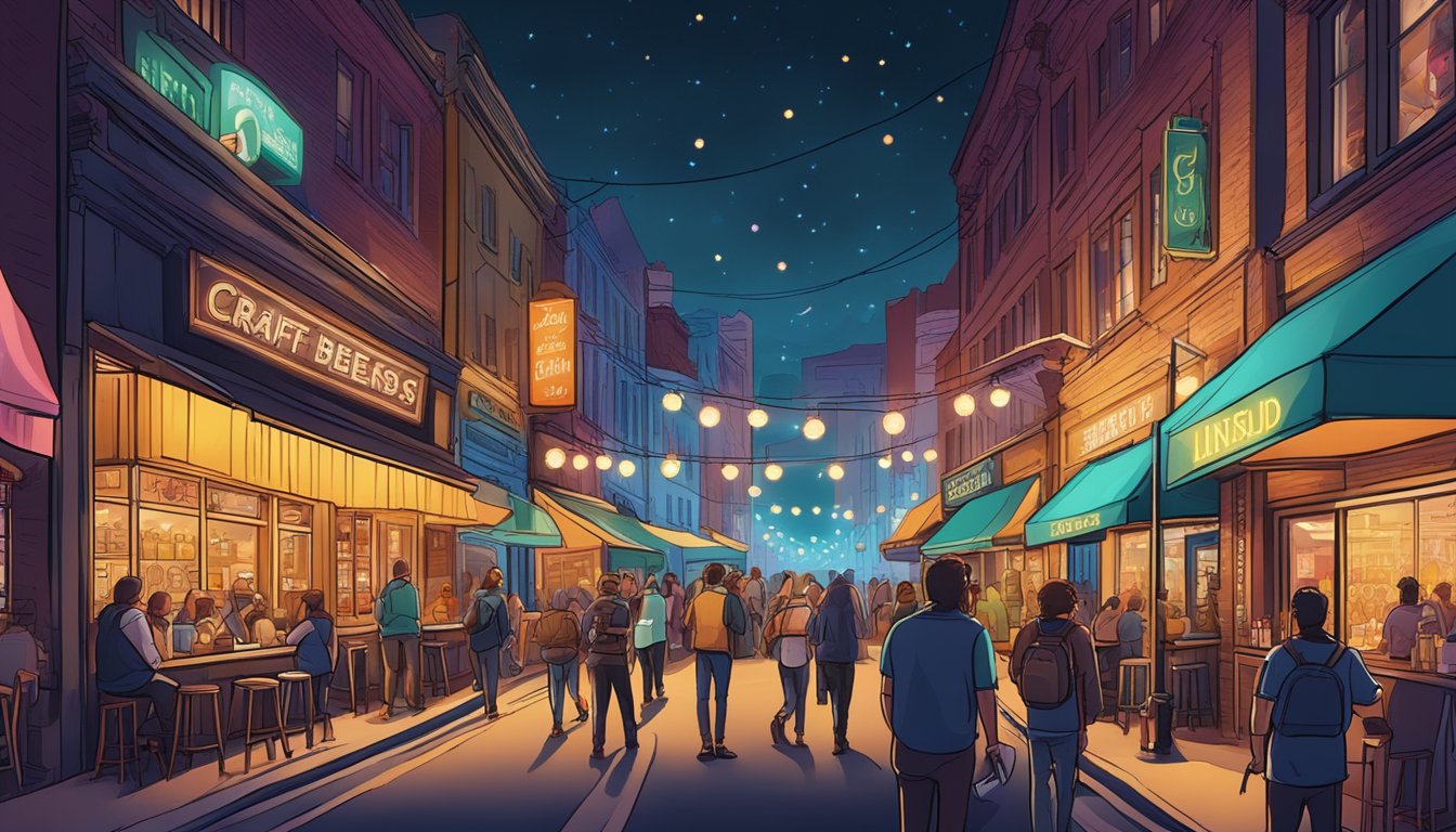 A bustling street lined with craft beer bars and breweries, illuminated by the glow of neon signs and filled with the sound of live music and lively conversation