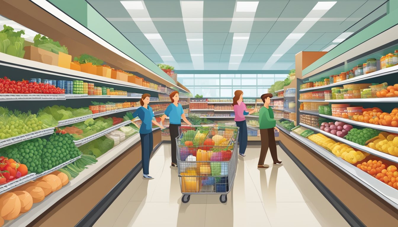 A bustling grocery store with colorful aisles of fresh produce, canned goods, and household items, with friendly staff assisting customers