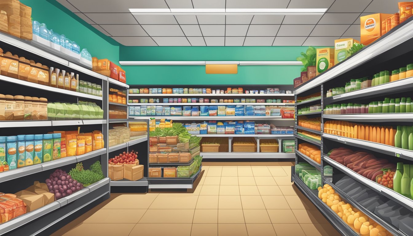 A grocery store with shelves stocked with various household items and food products, with a sign promoting corporate responsibility and community engagement