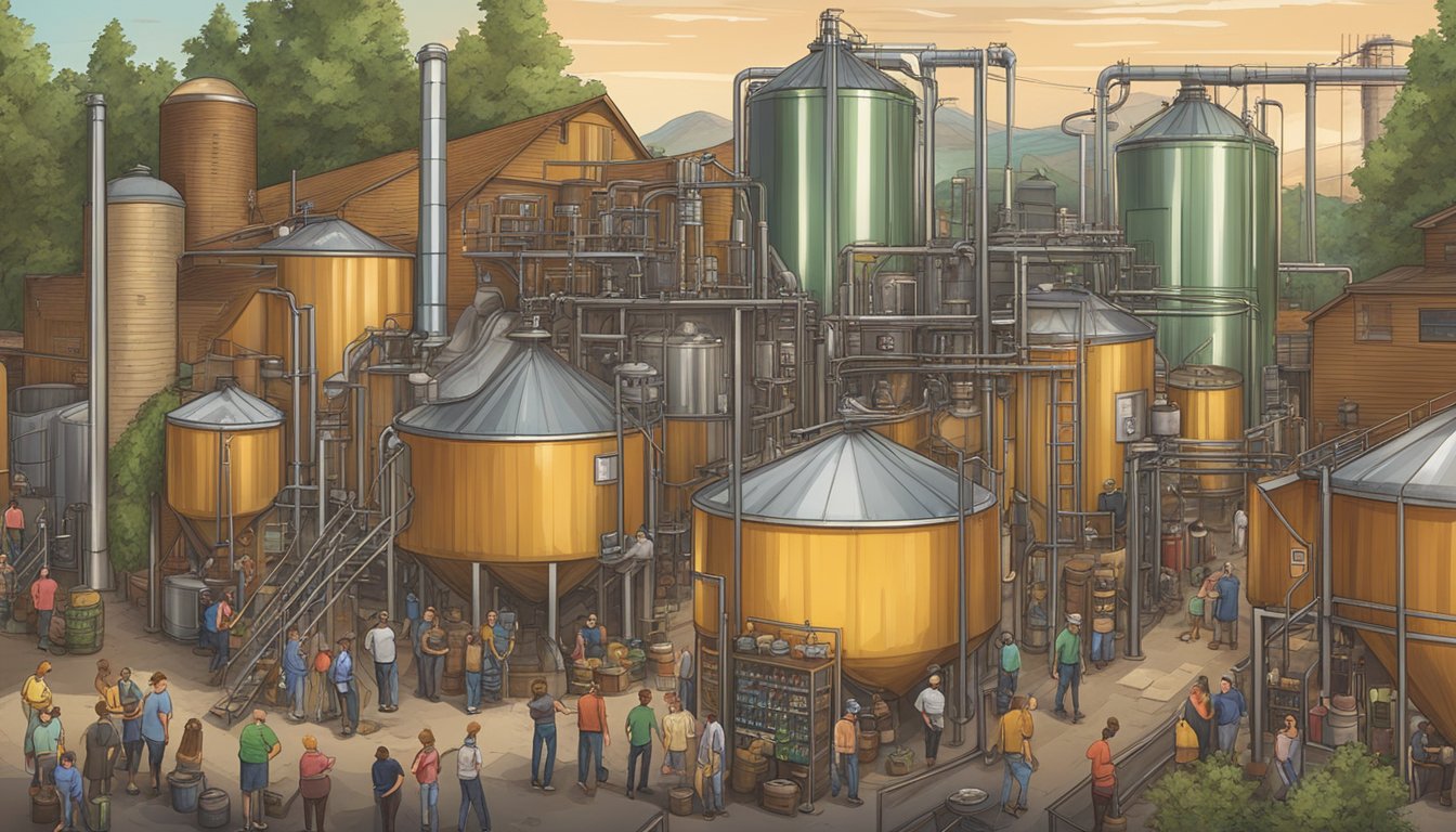 A bustling brewery with fermenting tanks, hops, and barley on display, surrounded by locals enjoying craft beer