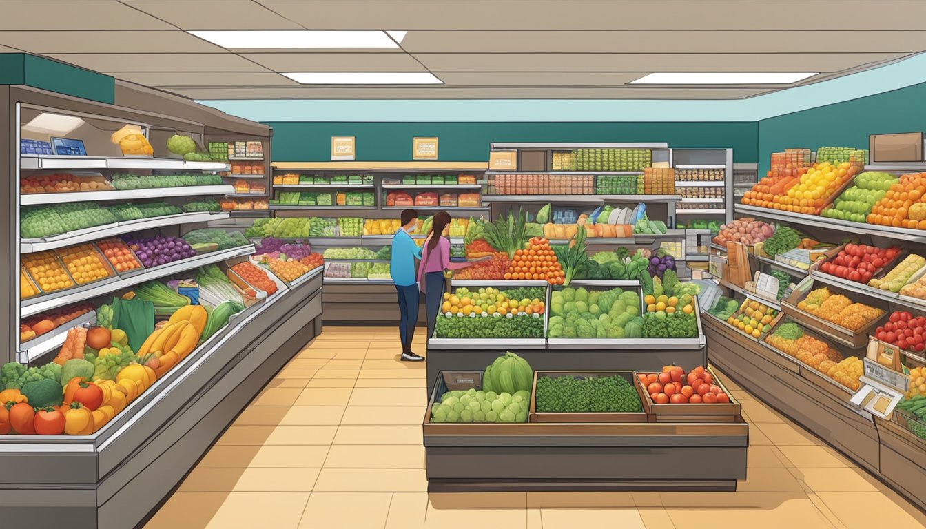 A bustling grocery store with colorful produce, neatly organized shelves, and a checkout counter