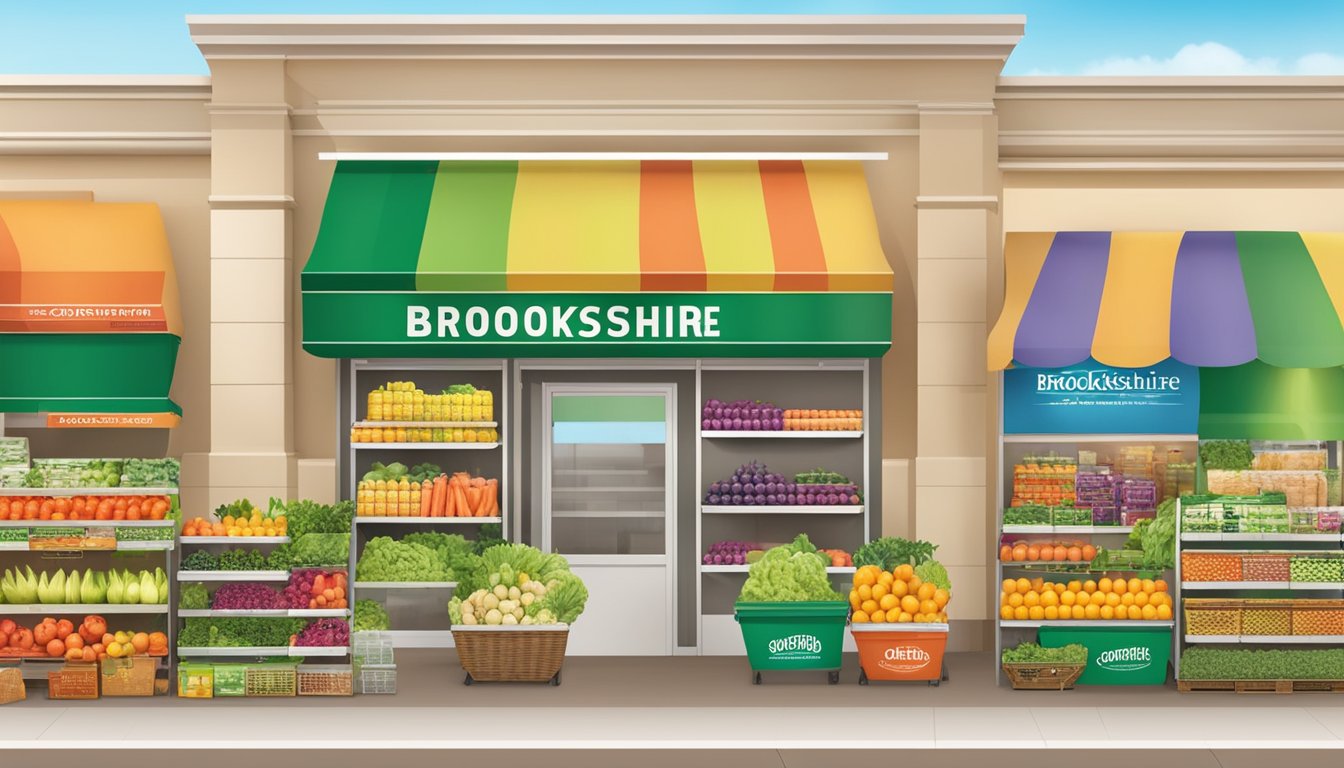 A colorful display of fresh produce and packaged goods with bright signage advertising promotions and savings at Brookshire Grocery Company