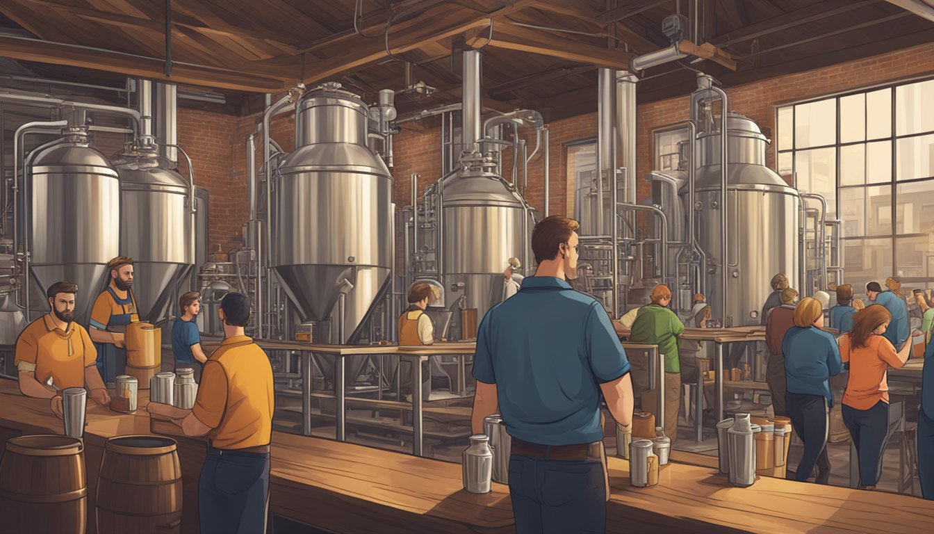 A bustling brewery with patrons sampling various craft beers, while a brewmaster carefully tends to the brewing process in the background